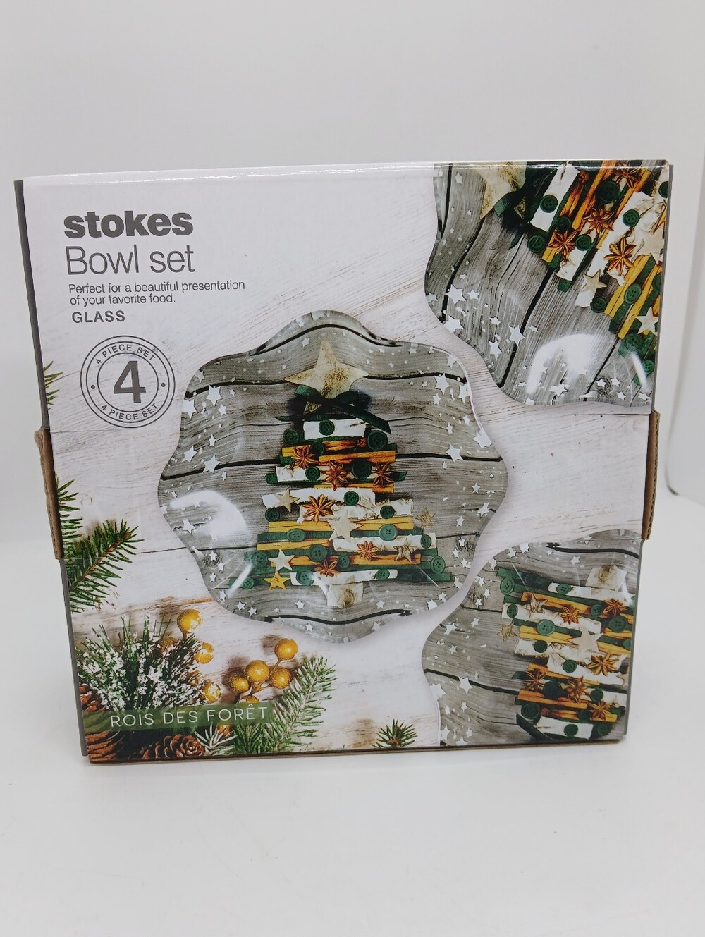 Stokes NIB Set 4 Glass Christmas Tree Bowls Rois Des Forêt Holiday Serve